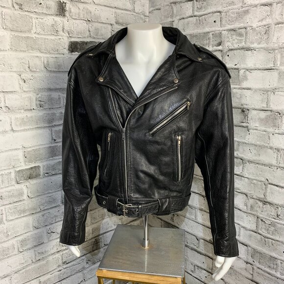 Vintage Black Leather Motorcycle Jacket Mens Biker Distressed Moto Coat - Picture 1 of 16